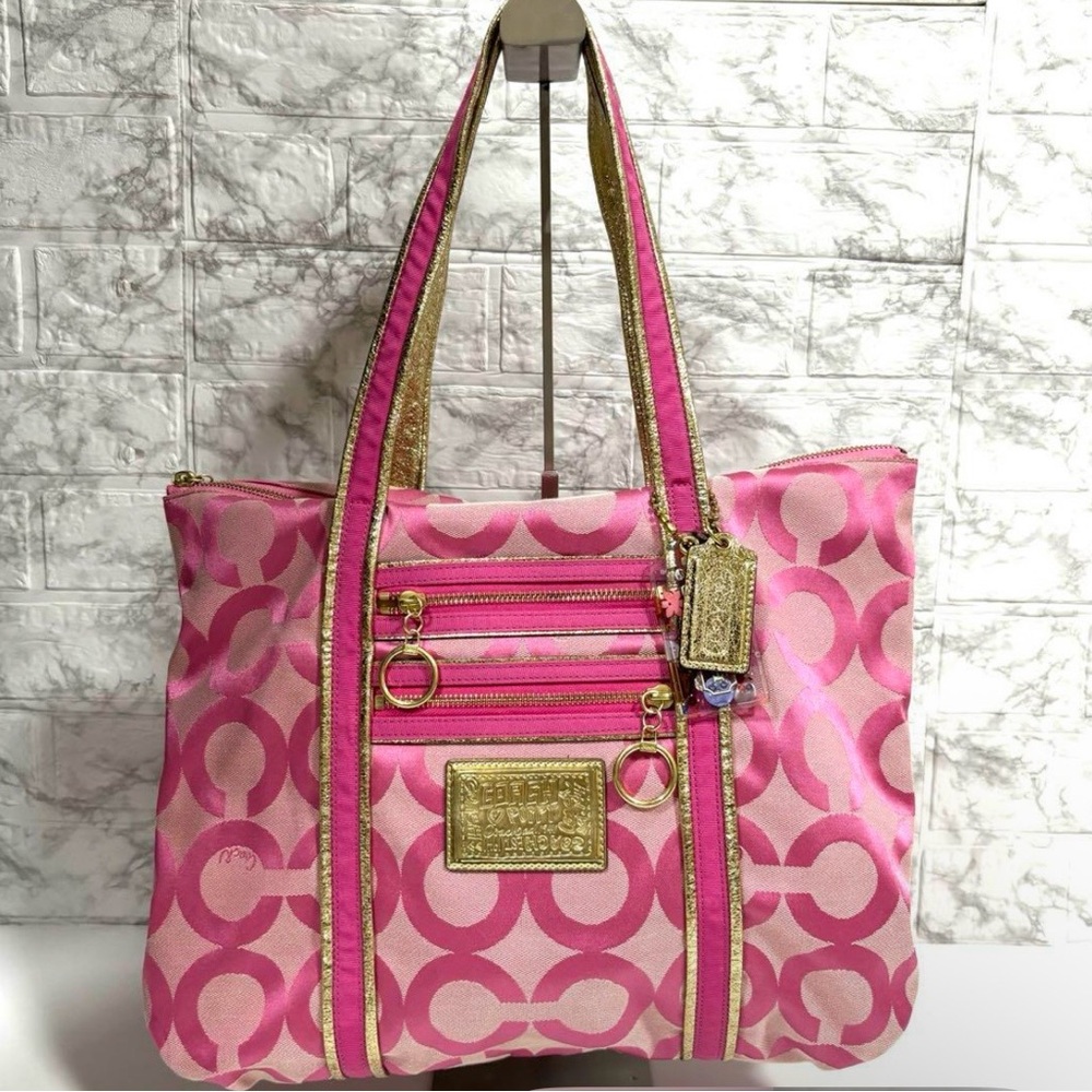 Coach Poppy Pink Signature Tote With Gold Trim & Yellow Interior EUC